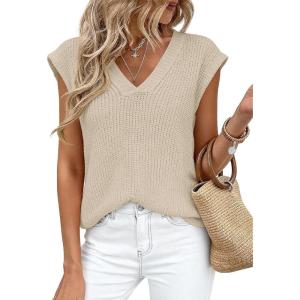 imagePRETTYGARDEN Womens 2026 Lightweight Sweaters Vest Spring Trendy Cap Sleeve V Neck Knit Tank Tops Summer Going Out OutfitsApricot