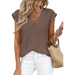 imagePRETTYGARDEN Womens 2026 Lightweight Sweaters Vest Spring Trendy Cap Sleeve V Neck Knit Tank Tops Summer Going Out OutfitsBrown