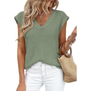 imagePRETTYGARDEN Womens 2026 Lightweight Sweaters Vest Spring Trendy Cap Sleeve V Neck Knit Tank Tops Summer Going Out OutfitsGreen