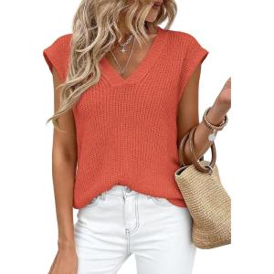 imagePRETTYGARDEN Womens 2026 Lightweight Sweaters Vest Spring Trendy Cap Sleeve V Neck Knit Tank Tops Summer Going Out OutfitsOrange