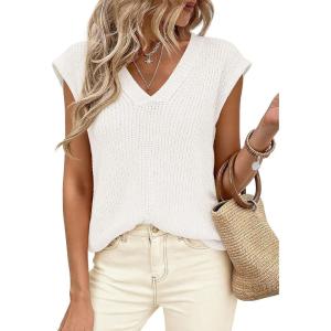 imagePRETTYGARDEN Womens 2026 Lightweight Sweaters Vest Spring Trendy Cap Sleeve V Neck Knit Tank Tops Summer Going Out OutfitsWhite