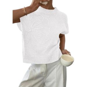 imagePRETTYGARDEN Womens 2026 Spring Sweater Vest Trendy Flower Knit Short Sleeve Cute Pullover Tank Tops Summer Fashion ClothingWhite