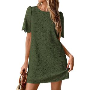 imagePRETTYGARDEN Womens 2026 Summer Casual Short Dresses Embroidered Lace Short Sleeve Boho Mini Dress Beach Vacation ClothesArmy Green