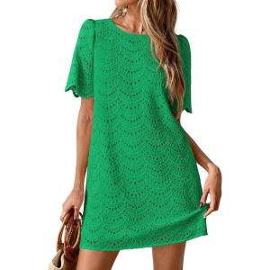 imagePRETTYGARDEN Womens 2026 Summer Casual Short Dresses Embroidered Lace Short Sleeve Boho Mini Dress Beach Vacation ClothesGreen