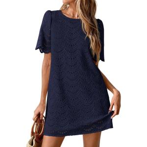 imagePRETTYGARDEN Womens 2026 Summer Casual Short Dresses Embroidered Lace Short Sleeve Boho Mini Dress Beach Vacation ClothesNavy Blue