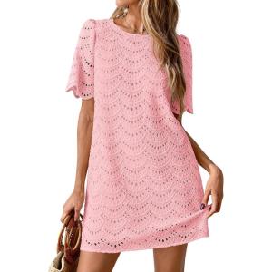 imagePRETTYGARDEN Womens 2026 Summer Casual Short Dresses Embroidered Lace Short Sleeve Boho Mini Dress Beach Vacation ClothesPink