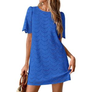 imagePRETTYGARDEN Womens 2026 Summer Casual Short Dresses Embroidered Lace Short Sleeve Boho Mini Dress Beach Vacation ClothesRoyal Blue