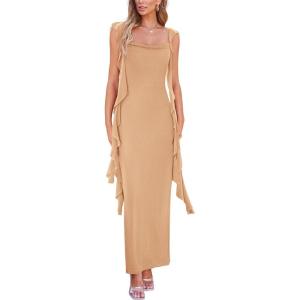 imagePRETTYGARDEN Womens 2026 Summer Wedding Guest Dress Sleeveless Ruffle Formal Cocktail Party Maxi Bodycon DressesApricot