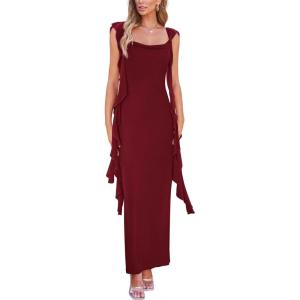 imagePRETTYGARDEN Womens 2026 Summer Wedding Guest Dress Sleeveless Ruffle Formal Cocktail Party Maxi Bodycon DressesDark Wine Red