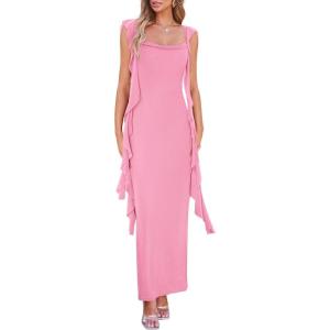 imagePRETTYGARDEN Womens 2026 Summer Wedding Guest Dress Sleeveless Ruffle Formal Cocktail Party Maxi Bodycon DressesPink