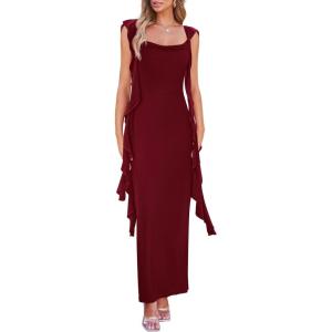 imagePRETTYGARDEN Womens 2026 Summer Wedding Guest Dress Sleeveless Ruffle Formal Cocktail Party Maxi Bodycon DressesWine Red