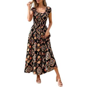 imagePRETTYGARDEN Womens Boho Maxi Dress 2026 Summer Cap Sleeve Long Flowy Beach Vacation Floral Sundresses Spring Resort WearBlack Multicolored Floral