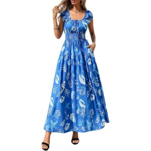 imagePRETTYGARDEN Womens Boho Maxi Dress 2026 Summer Cap Sleeve Long Flowy Beach Vacation Floral Sundresses Spring Resort WearBlue White Floral