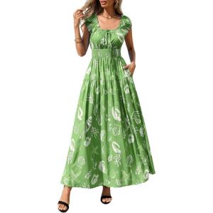 imagePRETTYGARDEN Womens Boho Maxi Dress 2026 Summer Cap Sleeve Long Flowy Beach Vacation Floral Sundresses Spring Resort WearGreen White Floral