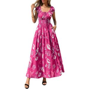 imagePRETTYGARDEN Womens Boho Maxi Dress 2026 Summer Cap Sleeve Long Flowy Beach Vacation Floral Sundresses Spring Resort WearRose Red White Floral