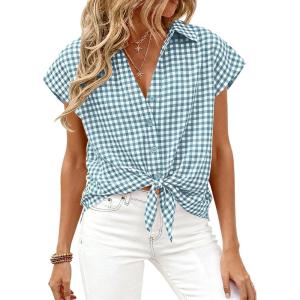 imagePRETTYGARDEN Womens Button Down Shirts V Neck Short Cap Sleeve Collared Plaid Tops 2026 Summer Spring Casual Blouses ClothesGrey Blue