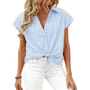 imagePRETTYGARDEN Womens Button Down Shirts V Neck Short Cap Sleeve Collared Plaid Tops 2026 Summer Spring Casual Blouses ClothesLight Blue