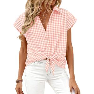 imagePRETTYGARDEN Womens Button Down Shirts V Neck Short Cap Sleeve Collared Plaid Tops 2026 Summer Spring Casual Blouses ClothesLight Pink