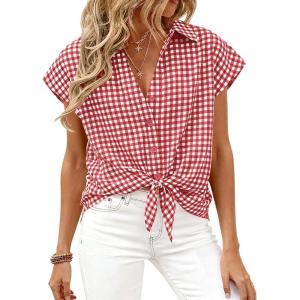 imagePRETTYGARDEN Womens Button Down Shirts V Neck Short Cap Sleeve Collared Plaid Tops 2026 Summer Spring Casual Blouses ClothesWine Red