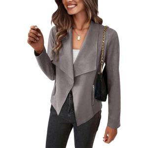 imagePRETTYGARDEN Womens Faux Suede Jackets 2026 Fashion Fall Clothes Long Sleeve Open Front Cropped Coat OutwearGrey