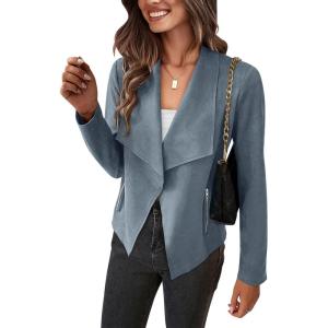 imagePRETTYGARDEN Womens Faux Suede Jackets 2026 Fashion Fall Clothes Long Sleeve Open Front Cropped Coat OutwearGrey Blue