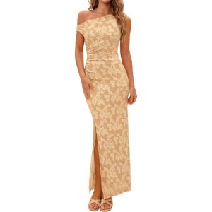 imagePRETTYGARDEN Womens Floral One Shoulder Maxi Dress 2026 Summer Spring Bodycon Ruched Side Slit Elegant Cocktail Party DressesKhaki