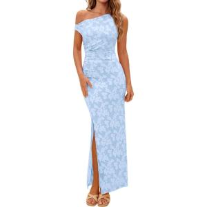 imagePRETTYGARDEN Womens Floral One Shoulder Maxi Dress 2026 Summer Spring Bodycon Ruched Side Slit Elegant Cocktail Party DressesLight Blue