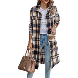 imagePRETTYGARDEN Womens Plaid Shacket Jacket Fall Fashion 2026 Long Sleeve Button Up Flannel Shirt Winter Clothing Woolen CoatsBrown
