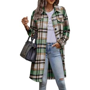 imagePRETTYGARDEN Womens Plaid Shacket Jacket Fall Fashion 2026 Long Sleeve Button Up Flannel Shirt Winter Clothing Woolen CoatsGreen