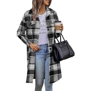 imagePRETTYGARDEN Womens Plaid Shacket Jacket Fall Fashion 2026 Long Sleeve Button Up Flannel Shirt Winter Clothing Woolen CoatsGrey