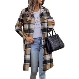 imagePRETTYGARDEN Womens Plaid Shacket Jacket Fall Fashion 2026 Long Sleeve Button Up Flannel Shirt Winter Clothing Woolen CoatsKhaki