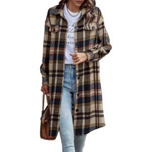 imagePRETTYGARDEN Womens Plaid Shacket Jacket Fall Fashion 2026 Long Sleeve Button Up Flannel Shirt Winter Clothing Woolen CoatsNavy