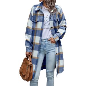 imagePRETTYGARDEN Womens Plaid Shacket Jacket Fall Fashion 2026 Long Sleeve Button Up Flannel Shirt Winter Clothing Woolen CoatsPlaid Blue White