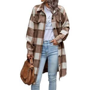 imagePRETTYGARDEN Womens Plaid Shacket Jacket Fall Fashion 2026 Long Sleeve Button Up Flannel Shirt Winter Clothing Woolen CoatsPlaid Brown