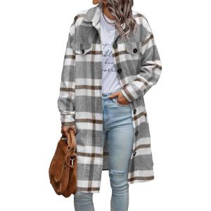 imagePRETTYGARDEN Womens Plaid Shacket Jacket Fall Fashion 2026 Long Sleeve Button Up Flannel Shirt Winter Clothing Woolen CoatsPlaid Grey