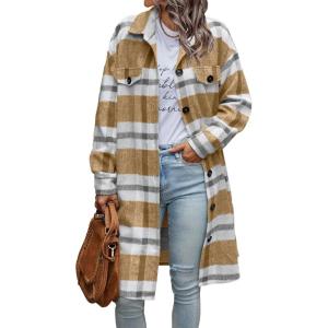 imagePRETTYGARDEN Womens Plaid Shacket Jacket Fall Fashion 2026 Long Sleeve Button Up Flannel Shirt Winter Clothing Woolen CoatsPlaid Yellow