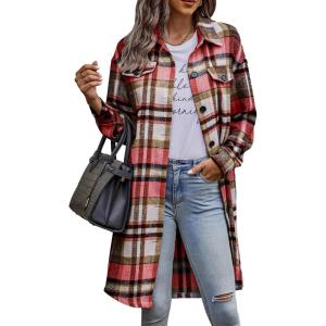 imagePRETTYGARDEN Womens Plaid Shacket Jacket Fall Fashion 2026 Long Sleeve Button Up Flannel Shirt Winter Clothing Woolen CoatsRed