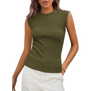 imagePRETTYGARDEN Womens Ribbed Tank Tops 2026 Summer Cap Sleeve Slim Fitted Knit Basic Casual Tee Shirts Trendy Fashion ClothesArmy Green