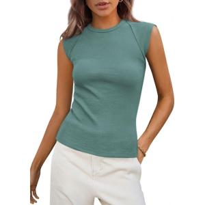 imagePRETTYGARDEN Womens Ribbed Tank Tops 2026 Summer Cap Sleeve Slim Fitted Knit Basic Casual Tee Shirts Trendy Fashion ClothesBean Green