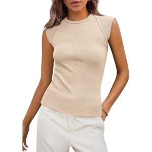 imagePRETTYGARDEN Womens Ribbed Tank Tops 2026 Summer Cap Sleeve Slim Fitted Knit Basic Casual Tee Shirts Trendy Fashion ClothesBeige