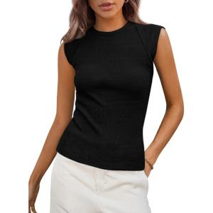 imagePRETTYGARDEN Womens Ribbed Tank Tops 2026 Summer Cap Sleeve Slim Fitted Knit Basic Casual Tee Shirts Trendy Fashion ClothesBlack
