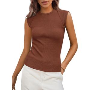 imagePRETTYGARDEN Womens Ribbed Tank Tops 2026 Summer Cap Sleeve Slim Fitted Knit Basic Casual Tee Shirts Trendy Fashion ClothesBrown