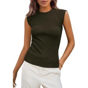 imagePRETTYGARDEN Womens Ribbed Tank Tops 2026 Summer Cap Sleeve Slim Fitted Knit Basic Casual Tee Shirts Trendy Fashion ClothesDark Army Green