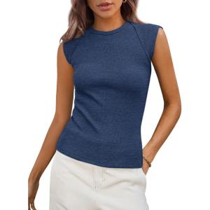 imagePRETTYGARDEN Womens Ribbed Tank Tops 2026 Summer Cap Sleeve Slim Fitted Knit Basic Casual Tee Shirts Trendy Fashion ClothesGrey Blue