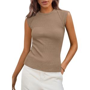 imagePRETTYGARDEN Womens Ribbed Tank Tops 2026 Summer Cap Sleeve Slim Fitted Knit Basic Casual Tee Shirts Trendy Fashion ClothesKhaki