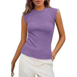imagePRETTYGARDEN Womens Ribbed Tank Tops 2026 Summer Cap Sleeve Slim Fitted Knit Basic Casual Tee Shirts Trendy Fashion ClothesLight Purple