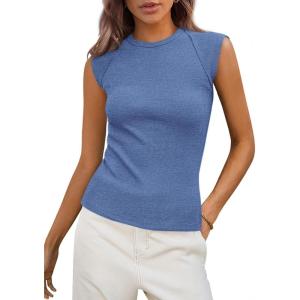 imagePRETTYGARDEN Womens Ribbed Tank Tops 2026 Summer Cap Sleeve Slim Fitted Knit Basic Casual Tee Shirts Trendy Fashion ClothesSky Blue