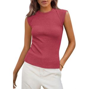 imagePRETTYGARDEN Womens Ribbed Tank Tops 2026 Summer Cap Sleeve Slim Fitted Knit Basic Casual Tee Shirts Trendy Fashion ClothesWatermelon Red