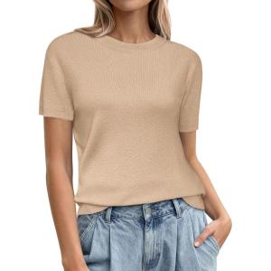 imagePRETTYGARDEN Womens Short Sleeve Sweaters 2026 Spring Crew Neck Knit Work Shirts Business Casual Tops Summer Fashion ClothesBeige