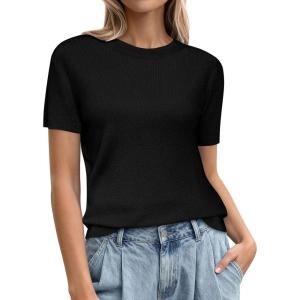 imagePRETTYGARDEN Womens Short Sleeve Sweaters 2026 Spring Crew Neck Knit Work Shirts Business Casual Tops Summer Fashion ClothesBlack
